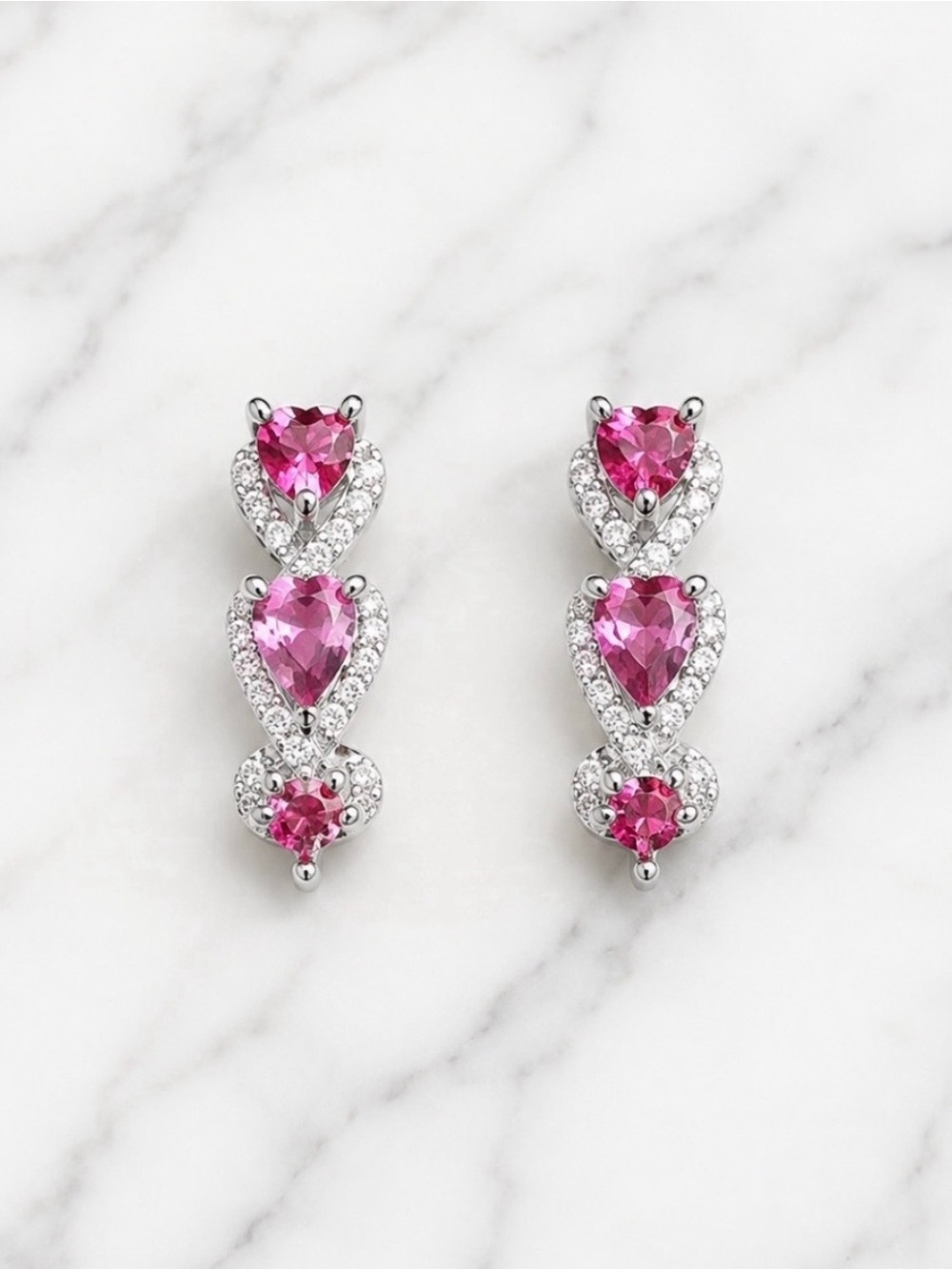 Pink Teardrop Shape Hoop Earrings with Clear Accents - Silver Tone Hardware